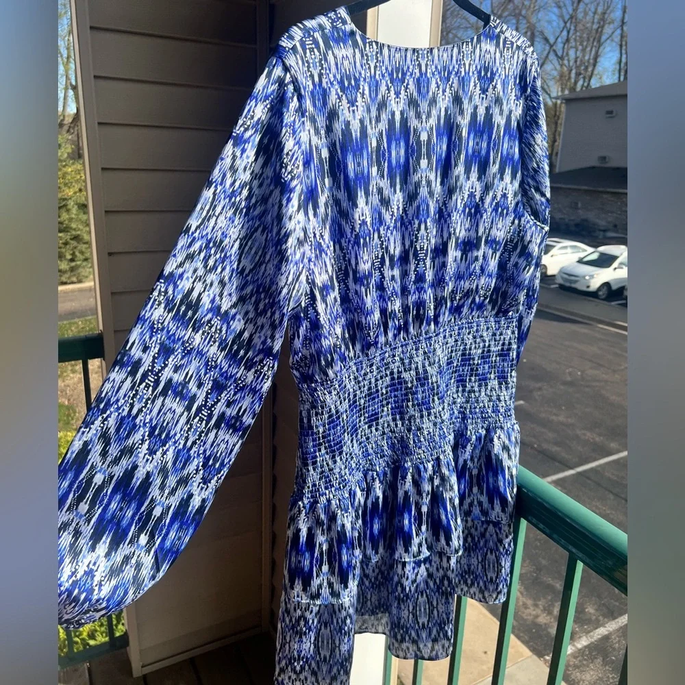 🆕🦋AQUA Blue Ikat Print Smocked Tiered Mini Dress Size XXL Boho Chicupoo Casual